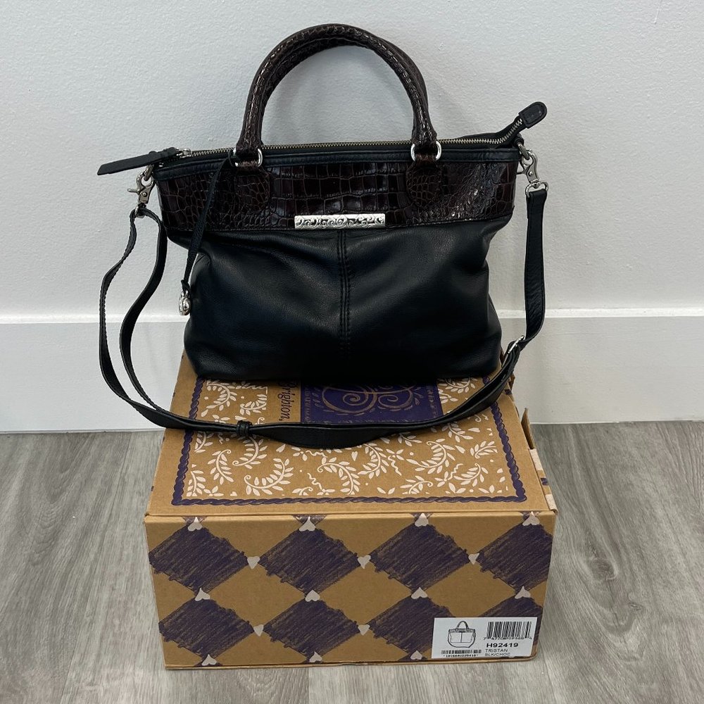 Brighton Tristan Zip Top Leather Satchel in Black/Chocolate